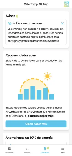 Panel principal de Solfy: vista de consumo y facturas